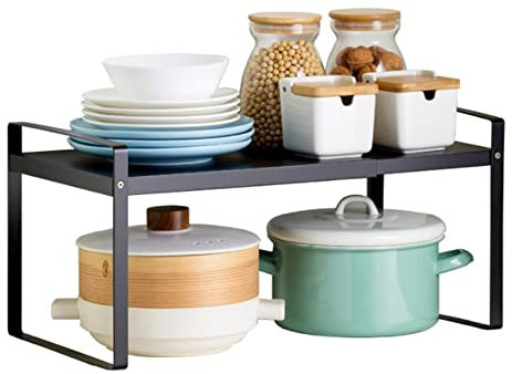 HUOLE Erweiterbares Metall, Schrankregal Erweiterbarer Küchenregal Organizer Verstellbarer Küchenschrank Regal Gewürzregal Lagerregal für Küche Theken 36-60 * 21 * 18cm (schwarz)