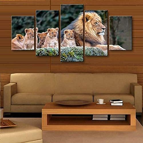 5-Teiliges Wandbild, Löwe Und Jungtier Kunstdruck Auf Leinwand 5 Aufeinanderfolgende Gemälde Hd Poster Kunst Wanddekoration Moderne Dekoration Für Wohnzimmer Zuhause (Xxl/Mit Rahmen 200 X -1Y7K-M2O