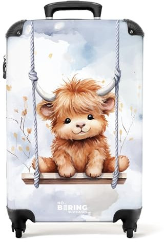 NoBoringSuitcases.com Kinderkoffer, Kinderkoffer Jungen, Koffer Groß, Koffer Kinder, TSA Schloss, Koffer Kinder Jungen, Koffer M, Koffer Mittelgroß (Schottisches Hochlandkalb - Braun, 67 cm - 72 L)