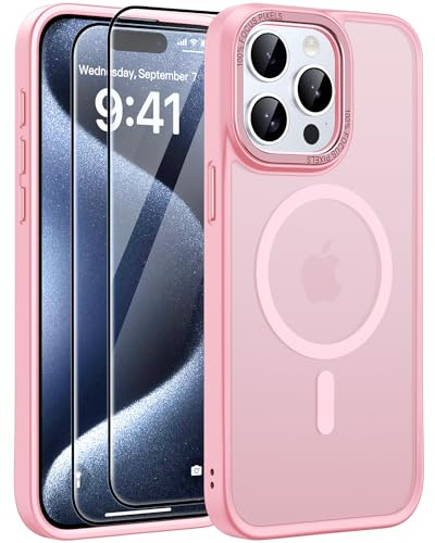 AOUIA for iPhone 15 Pro Max Case with 2 Screen Protectors, [Compatible with MagSafe] [Military-Grade Protection], Slim Fit Case for iPhone 15 Pro Max Phone (Matte Pink)