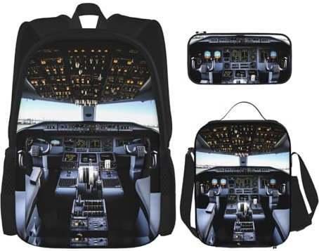OUSIKA Airplane Cockpit 3 Pcs Print Backpack Sets Casual Daypack with Lunch Box Pencil Case for Women Men, Black