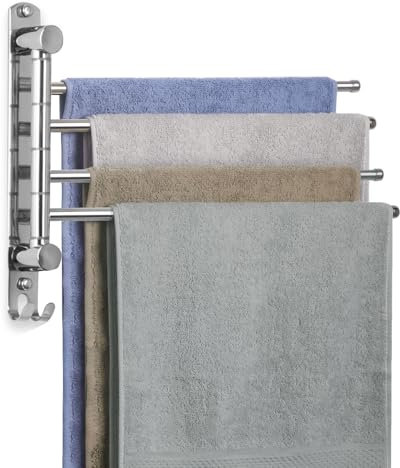 JSVER Handtuchhalter Edelstahl 40CM,180° Drehung Handtuchhalter mit 4 Armig Schwenkarm Handtuchstange mit Haken Platzsparend für Bad,Küche und Garderobe-Silber