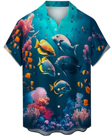 Yowablo Hawaii Hemden Herren Herren-Ozean-Hemden, langärmelig, lässig, Button-Down-Strand-Blumenhemd Hemd (b-Dark Blue, L)