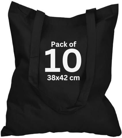 MINIMARG 100% Cotton Canvas Bags for Grocery, Plain Tote Bags to Decorate, eco-friendly Canvas Reusable blank Tote Bags made with Premium Quality Fabric - Size 38x42cm+65cm long Handle (10, Black)