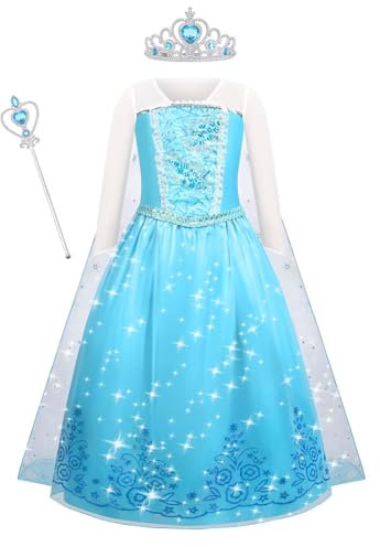 ACWOO Elsa Kostüm Mädchen Abnehmbarer Umhang, Elsa Mädchen Kleid Prinzessin Langarm Falten Pailletten Schneeflocken Kostüm für Weihnachten Verkleidung Karneval Halloween (130CM)