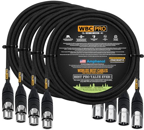 WORLDS BEST CABLES 4 Units - 3 Meter - WBC-PRO-QUAD Ultra-Silent Ultra-Flexible Balanced Star-Quad Cable with Amphenol Male & Female XLR Plugs & Black Tweed Jacket