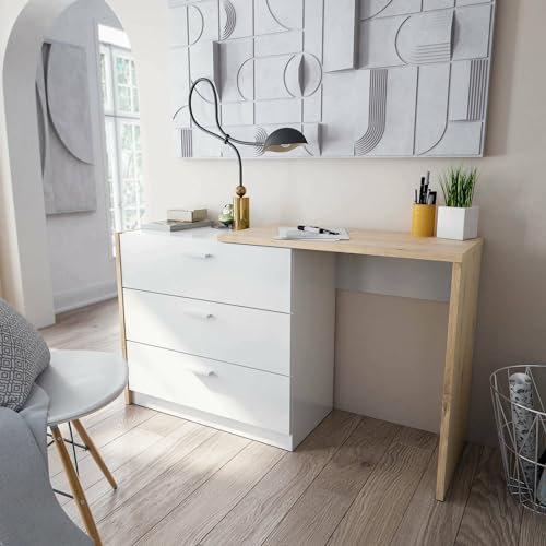 Dmora Scrivania Toronto, Scrittoio con cassettiera e Piano a Scomparsa, Tavolo da Studio o Ufficio Porta PC, 75x40h130 cm, Bianco e Rovere Nodi