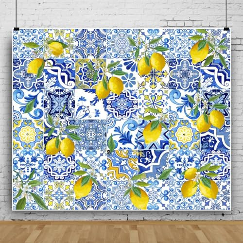Pnylzzyxh Hintergrund mit blauen Fliesen, Zitrone, Sommer, Obst, Babyparty, Geburtstag, Party, Hintergrund, Fliesen, Zitrone, Tapete, Dessert, Tischzubehör, Hintergrund, Banner, Fotografie,