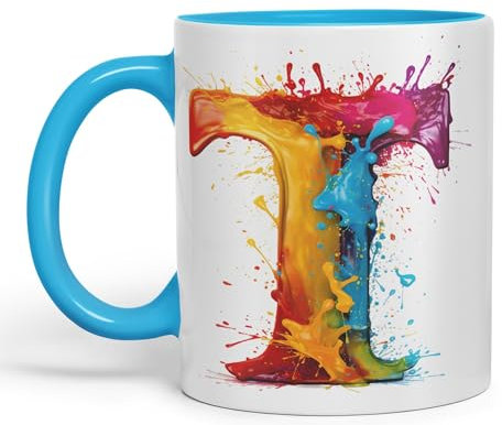 Vixar Letter T Mug, Alphabet Letter T Monogram Watercolour Ceramic Coloured Mug Cup for Tea Coffee Hot Brew 330ml 11Oz Gift (L Blue)