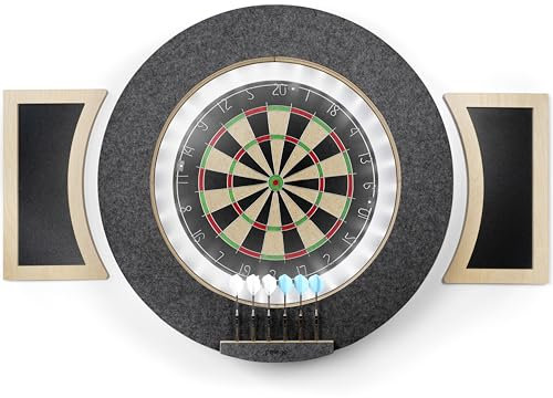 peleya Dart Board Cabinet Set with LED Light; Bristle Dartboard, Built in LED Light, Darts and Chalkboards (Black, Official Tournament Size)