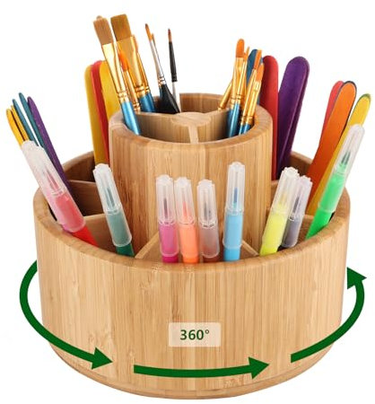 CYEER Drehbar Stifthalter, Stiftehalter Bambus Rund, Stiftehalter Kinder, Drehbar Schreibtisch Organizer, Stifte Organizer für Marker, Buntstifte, Kunstpinsel usw