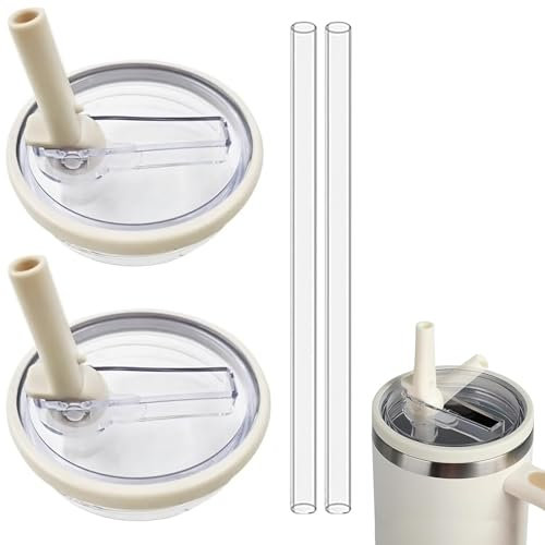 2 coperchi di ricambio per Stanley 40 oz, coperchio Stanley Cup a prova di perdite con 2 cannucce, accessori riutilizzabili a prova di perdite, copertura per chiusura Stanley Cup (Cremeton)