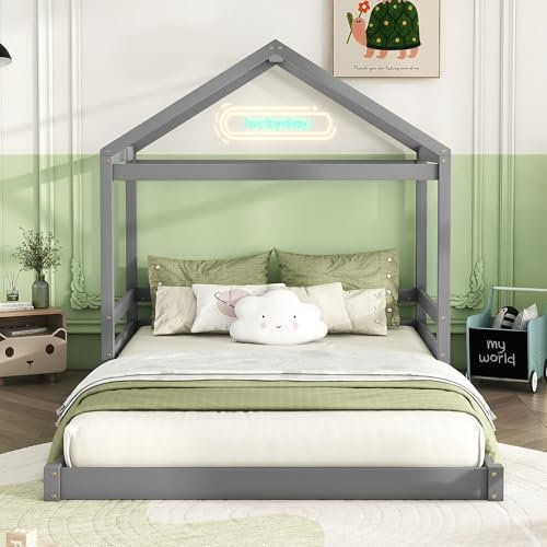 Jovify Kinderbett 140x200 cm Bodentief Hausbett, Montessori Bodenbett mit Rausfallschutz und Lattenrost, Jugendbett Doppelbett Flachbetten Bettgestell Baumhaus Bett, Kiefernholz, ohne Matratze, Grau
