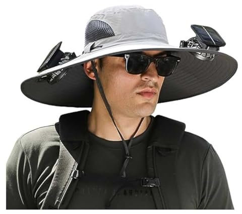 HINNVCL Men's Wide Brim Solar Fan Hat Outdoor, Fishing Hats for Sun Protection, Cooling Hat with Fan Bulit in, UPF 50+, includes 2 Solar Fans, Waterproof Breathable Bucket Hat