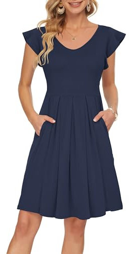 PLOKNRD Sommerkleid Damen V-Ausschnitt Midi Kleider mit Taschen Knielang Blütenblättern Kurzarm Freizeit Strandkleider Blau Navy M