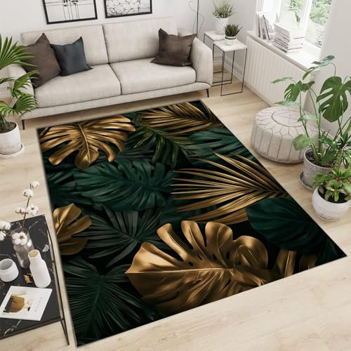 Tappeto con foglie tropicali di Monstera, grande, 3D, dorato, arte astratta, lavabile, morbido, facile da pulire, per interni ed esterni, zerbino, portico e ufficio, 90 x 150 cm