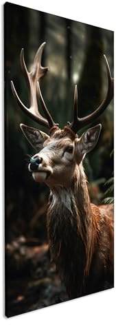 Majestöser Hirsch im Wald, sein Geweih erhaben im Dämmerlicht Panorama 100x50cm XXL Kunstdruck Motiv auf Holzrahmen/Leinwandbild/Wandbild/Wohnzimmer Dekoration