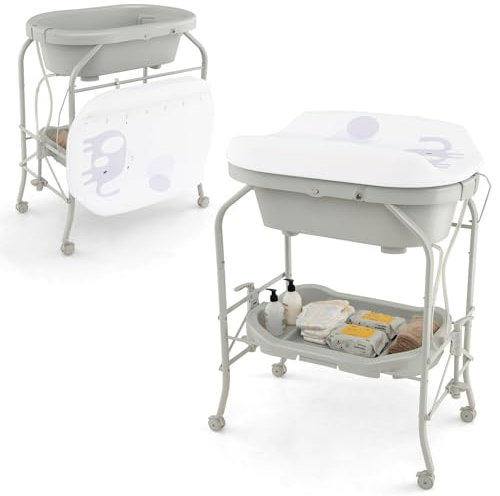 RELAX4LIFE 4 en 1 Cambiador/Bañera Bebe Plegable con 4 Ruedas Universales Bloqueables y 1 Estante, Cambiador Bebe Portátil con Cojín Impermeable, Bañera para Bebé 0-12 Meses, Carga 35kg (Gris)