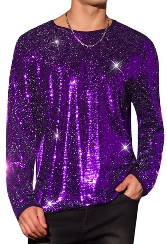 Lars Amadeus Men's Sequins T Shirt Long Sleeve Crew Neck Party | Sparkling sequin design makes you stand out Pairs with jeans Perfect for Party Hand wash