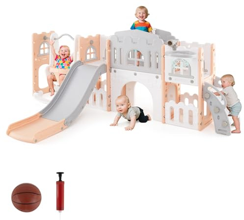 COSTWAY Columpio y Tobogán 10 en 1 para Niños, Parque Infantil con Tobogán y Escalada, Canasta de Baloncesto, Telescopio, Volante, Pasillo, Equipo de Juegos de Interior para Niños (Rosa y Gris)