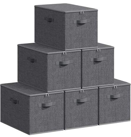 SONGMICS Aufbewahrungsbox mit Deckel, 6er Set, faltbare Stoffbox | Aufbewahrung für Kleidung, 50 x 30 x 30 cm, Vliesstoff, mit Griffen, schiefergrau, TINA Kollektion RZB050GN03
