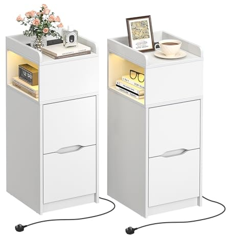 Quikraen Set of 2 Slim Bedside Table with Charging Station&Sensor LED Light