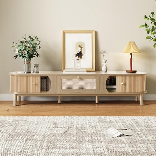BTM Rustic Atmosphere TV Stand – TV Cabinet with Solid Natural Wood Doors & Rattan Drawers, Natural Storage Solutions, Natural