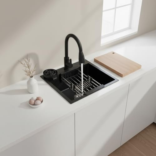 Gdetnysty Fregadero empotrable de cocina de 50 x 45 cm, de acero inoxidable 201, con grifo extensible, dispensador de jabón y limpiador de tazas, color negro, para cocina, restaurante o cafetería
