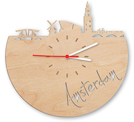 Skyline Amsterdam Wanduhr aus Birken-Holz Made in Germany | Design Uhr aus Echtholz | Wand-Deko aus Birke | Originelle Wand-Uhr | Moderne Wand-Uhr im Skyline Design | Wand-Dekoration aus Natur-Holz