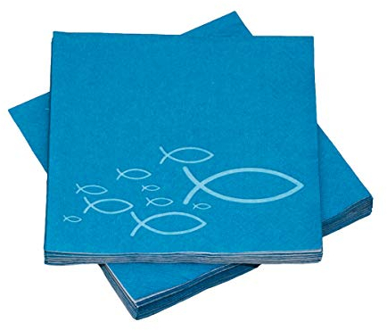 20 Servietten Fische Ichthys 33x33 cm - türkis hellblau - für Kommunion, Taufe oder andere festliche Anlässe