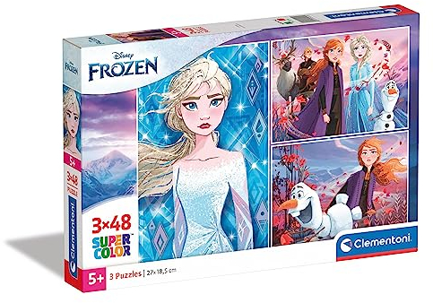 Clementoni 25240 Supercolor Frozen 2 – Puzzle 3 x 48 Teile ab 4 Jahren, buntes Kinderpuzzle mit besonderer Leuchtkraft & Farbintensität, Geschicklichkeitsspiel für Kinder