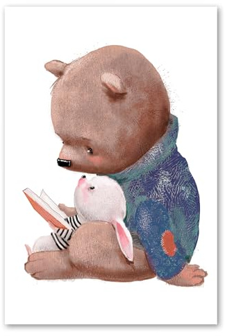 Postereck - 3640 - Kinderzimmer, Bär Hase Kuscheln Lesen Süss - Kinder Kinderzimmer Kinderbild Wandposter Fotoposter Bilder Wandbild Wandbilder - Poster - DIN A2-42,0 cm x 59,4 cm