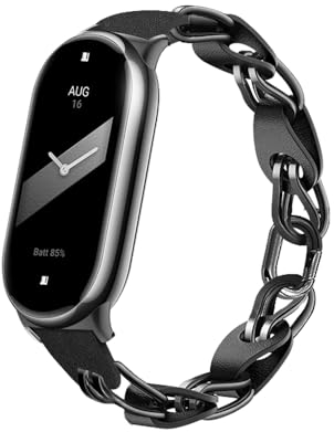 PINHEN Armband Kompatibel mit Xiaomi Mi Band 9/8,Atmungsaktiv Elegantes Ersatzband durchbrochenes Design Mi Band 8 Edelstahlring Lederkette Gürtel für Damen