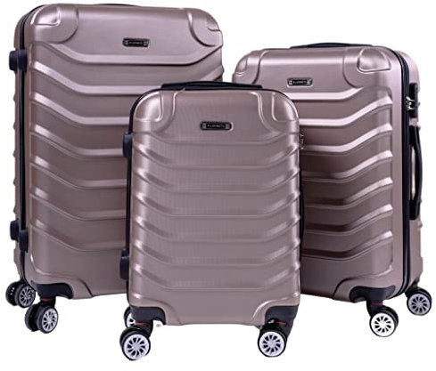 R.Leone Valigia da 1 Fino a Set 4 Trolley Rigido grande, medio, bagaglio a mano e beauty case 8 ruote in ABS 2026 (Rose Gold, Set 3 S M L)