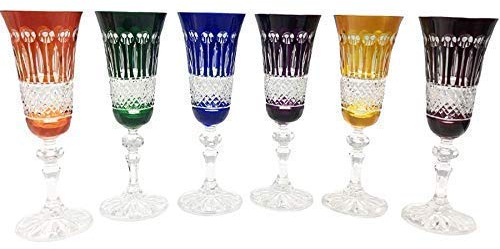 6 Flûtes/Coupes à Champagne en Cristal à Pied - 6 Couleurs Assorties - Service Roemer Diamant (17 cl) - Art de la Table - Artisan du Cristal - Coffret Cadeau - Estampillé : Klein 54120 Baccarat France