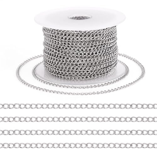 Cheriswelry 25 Meter 304 Edelstahl-Panzerketten, gelötet, gedreht, Kettenglied mit Spule, 4 x 3 mm, für Schmuck, Armband, Halskette, Basteln