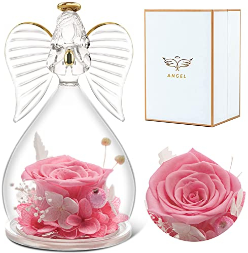 Sunia Ewige Rose Engel Geschenke für Frauen Weihnachten,Engel Figur Geschenke für Mama Oma,Geburtstagsgeschenk für Frauen,Ewige Rose im Glas Schutzengel,Infinity Rosen Geschenke Weihnachten Muttertag