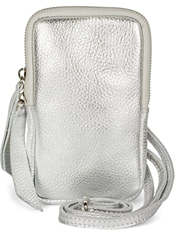 styleBREAKER Damen Leder Handy Umhängetasche mit genarbter Oberfläche, Reißverschluss, Echtleder Mini Bag 02012374, Farbe:Silber