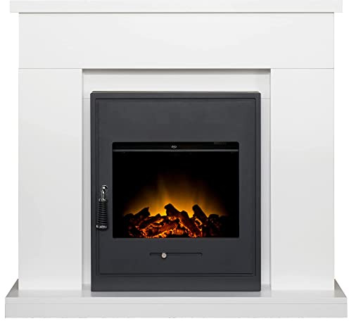 Adam Lomond Fireplace in Pure White with Oslo Electric Inset Stove in Black, 39 Inch
