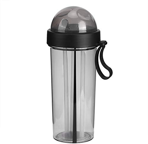 Dual Use Straw Bottle, 600ml Reusable Drinking Shaker Bottle Portable Travel Sport Water Cup with Spout Lids Outdoor Secure Leak Proof Flip Top Jar Juice Beverage Container for Milk Smoothie (Black)