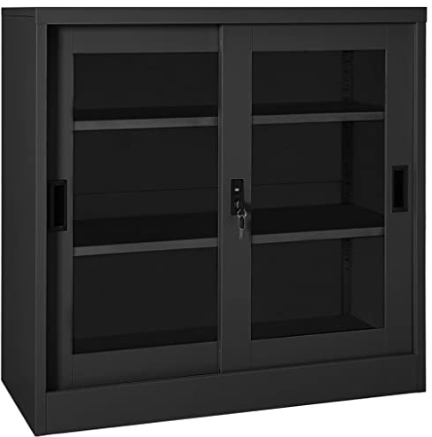 Aktenschrank Office 90x40x90 cm Metallschrank abschließbar mit Schiebetür & verstellbare Regalböden, Büroschrank Aufbewahrungsschrank Schrank Meehrzweckschrank Büro Möbel, Anthrazit