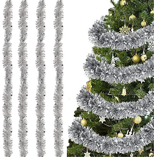 SUNCHE 4 Stück Weihnachten Lametta Girlande, Weihnachten Lametta Glänzend, Weihnachten Deko Lametta, 2m Glänzend Lametta Girlande, für Hängende Weihnachtsbaum Weihnachtsfeier Geburtstagsparty, Silber