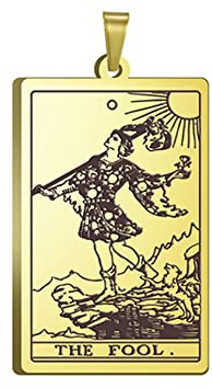 BlackAmazement 316L Edelstahl Anhänger Halskette Tarot Karten Justice Fool Empress Wheel of Fortune Dog Tag Silber Gold Damen Herren (Modell: Der Narr - Farbe: Gold - Mit Kette)