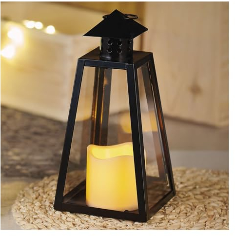 EMOS Farolillo antiguo con vela LED, diseño vintage y efecto llama, IP20 para interiores, funciona con pilas (3 x AAA), blanco cálido, 10.000 horas, 12,5 x 26,5 cm