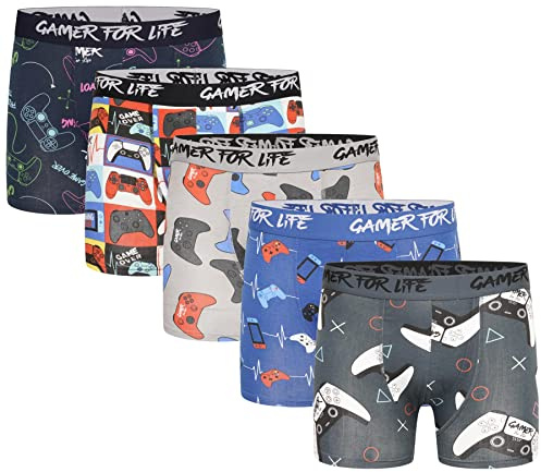 GAMER Lot de 5 boxers pour homme/enfant – Taille jacquard – Sous-vêtements design manette de jeu – 95 % coton, 5 % élasthanne – Tailles S, M, L, XL, 2XL, Lot de 5 boxers Gamer for Life pour homme, M