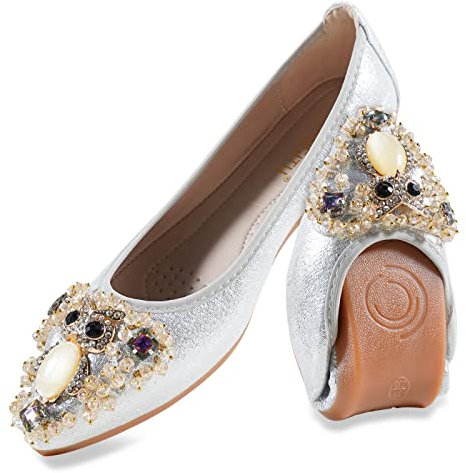 MACHSWON Womens Fold up Pumps Roll up Shoes Foldable Ballet Flats with Sparkly Rhinestone, Portable Ladies Slip On Loafers(Silver-3, Size 4)