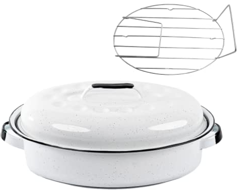 GRANITEWARE - Cocotte Ovale Roaster 4L – Blanche – Acier émaillé, Ultra-légère, Facile à nettoyer + grille de cuisson