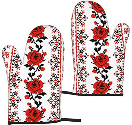 Heat Resistant Oven Gloves Sets Of 2 - Ukrainian Embroidery Style Rose Printed Kitchen Non-Slip Microwave Oven Mitts 1 Pair For Baking Cooking Bbq
