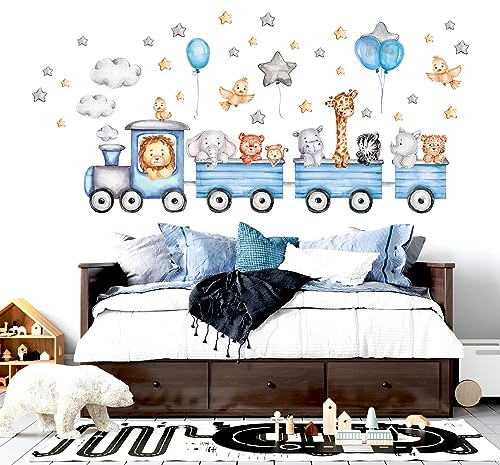 WONDER MURALS Wandtattoo Kinderzimmer Deko Mädchen Junge Baby Wandaufkleber Tiere im Zug Luftballons Sterne Wandsticker Wanddeko Babyzimmer