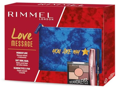 Rimmel London Kit Regalo Donna Love Message, Pochette Medium Blue con Mascara Nero Wonder'Luxe Volumizzante, Matita Occhi Soft Kajal Kohl e Palette ombretti Scandaleyes 5 Pan